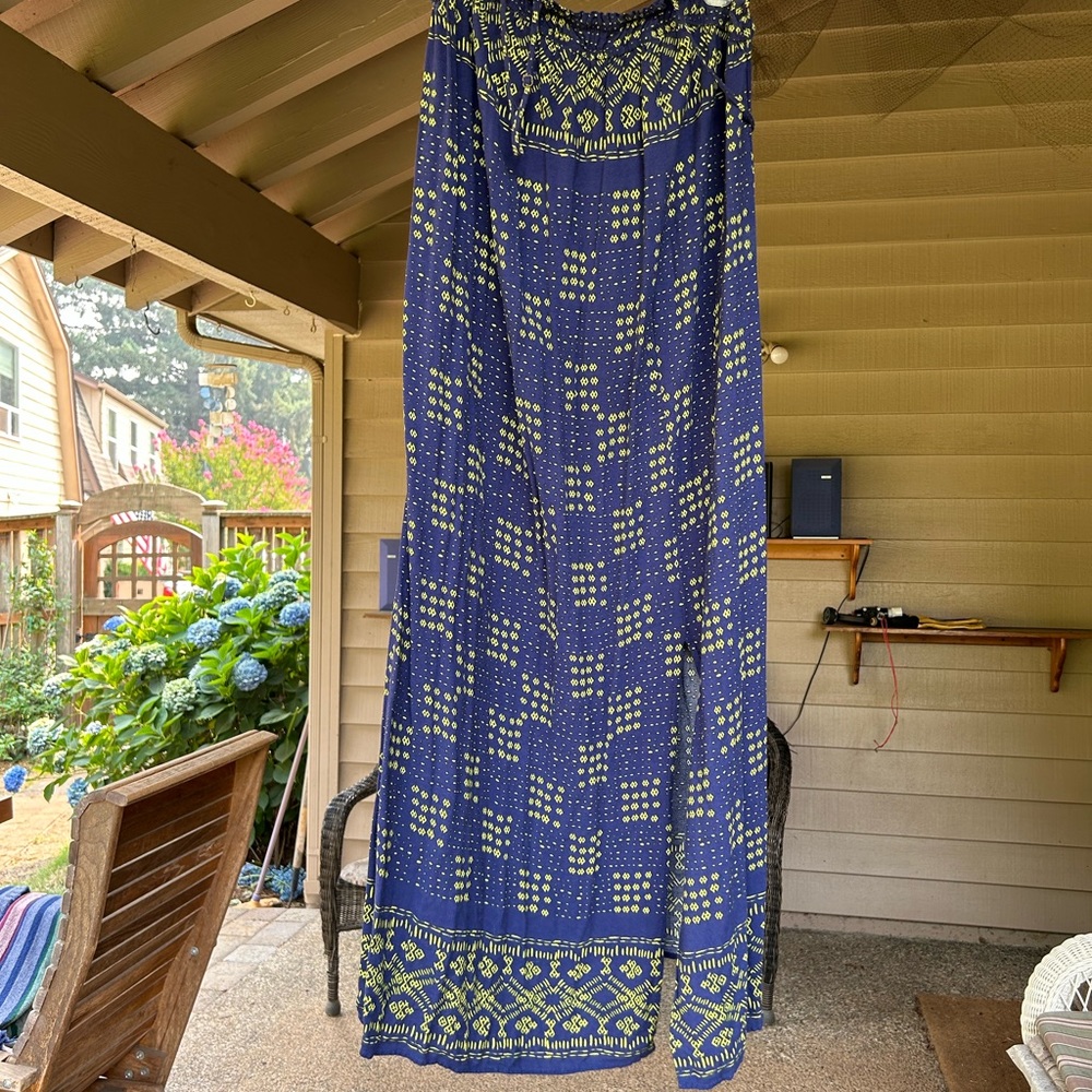 Xhilaration sundress full length side slit smocked chest trim. Blue yellow